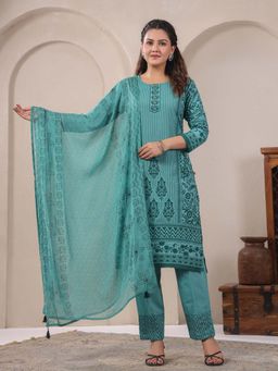 SPAN - Women Cotton Linen Green Printed Kurta with Pant and Dupatta
