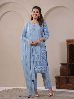 SPAN - Women Cotton Linen Blue Printed Kurta with Pant and Dupatta