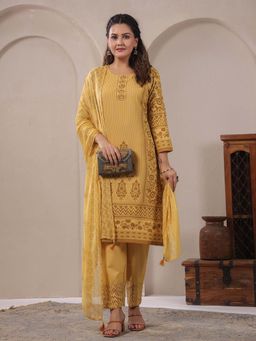 SPAN - Women Cotton Linen Yellow Printed Kurta with Pant and Dupatta