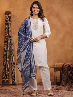 SPAN - Women Cotton Linen White Embroidered Kurta with Pant and Dupatta