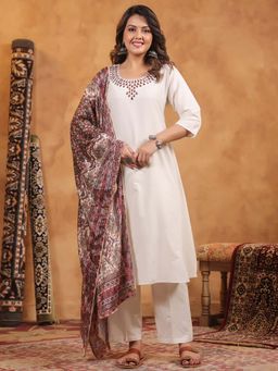SPAN - Women Cotton Slub White Printed Kurta with Pant and Dupatta