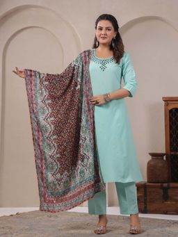 SPAN - Women Cotton Linen Green Printed Kurta with Pant and Dupatta