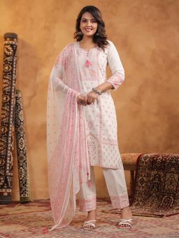SPAN - Women Cotton Linen White Printed Kurta with Pant and Dupatta