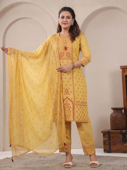 SPAN - Women Cotton Linen Yellow Printed Kurta with Pant and Dupatta