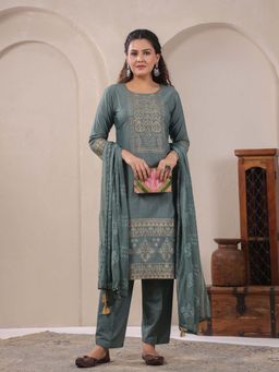 SPAN - Women Cotton Linen Green Printed Kurta with Pant and Dupatta