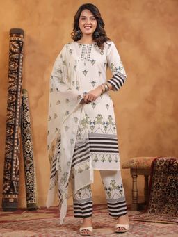 SPAN - Women Cotton Linen White Printed Kurta with Pant and Dupatta