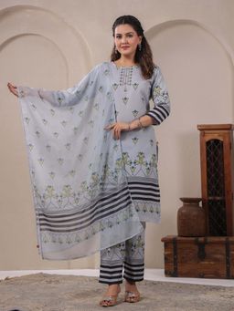 SPAN - Women Cotton Linen Grey Printed Kurta with Pant and Dupatta