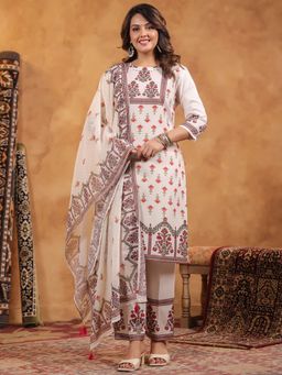 SPAN - Women Cotton Linen White Printed Kurta with Pant and Dupatta