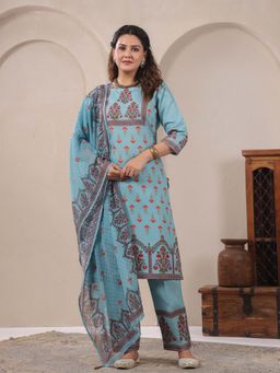 SPAN - Women Cotton Linen Blue Printed Kurta with Pant and Dupatta