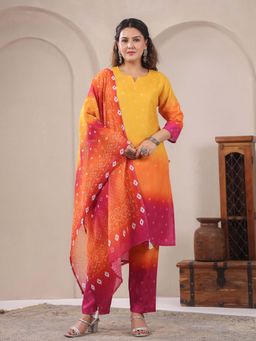 SPAN - Women Cotton Linen Yellow Ombre Kurta with Pant and Dupatta