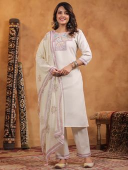 SPAN - Women Cotton Linen White Floral Kurta with Pant and Dupatta