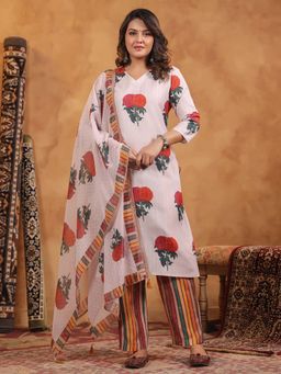 SPAN - Women Cotton Linen Pink Floral Kurta with Pant and Dupatta