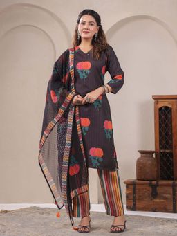 SPAN - Women Cotton Linen Black Floral Kurta with Pant and Dupatta