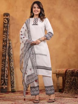 SPAN - Women Cotton Linen White Printed Kurta with Pant and Dupatta