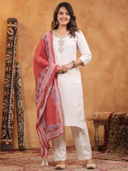 SPAN - Women Cotton Linen White Embroidered Kurta with Pant and Dupatta