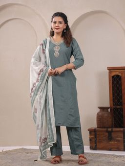 SPAN - Women Cotton Linen Green Embroidered Kurta with Pant and Dupatta