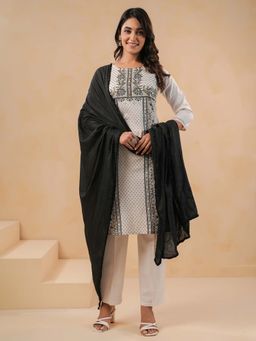 SPAN - Women Cotton Slub White Floral Kurta with Pant and Dupatta