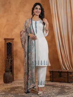 SPAN - Women Cotton Linen White Embroidered Kurta with Pant and Dupatta