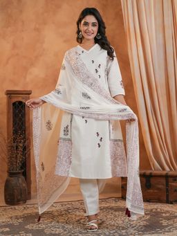 SPAN - Women Cotton Linen White Floral Kurta with Pant and Dupatta