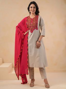 SPAN - Women Cotton Linen Beige Embroidered Kurta with Pant and Dupatta
