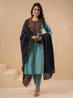 SPAN - Women Cotton Linen Green Embroidered Kurta with Pant and Dupatta