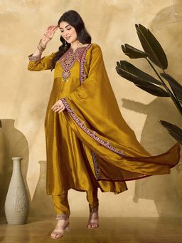 KVS FAB - Women Silk Blend Mustard Embroidered Anarkali Kurta with Pant and Dupatta