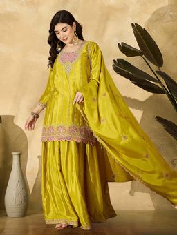 KVS FAB - Women Silk Blend Yellow Embroidered Kurta with Palazzo and Dupatta