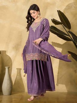 KVS FAB - Women Silk Blend Lavender Embroidered Kurta with Palazzo and Dupatta