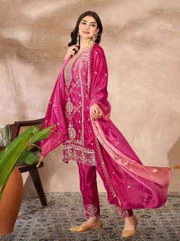 KVS FAB - Women Silk Blend Pink Ombre Kurta with Pant and Dupatta