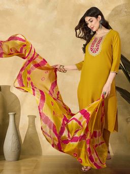 KVS FAB - Women Rayon Yellow Embroidered Kurta with Pant and Dupatta