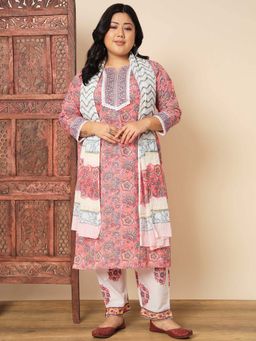 Vbuyz - Women Cotton Pink Floral Kurta with Pant and Dupatta