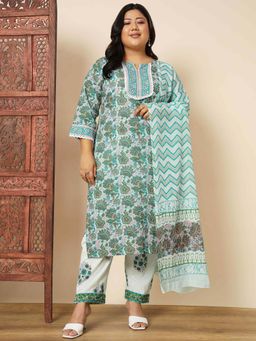 Vbuyz - Women Cotton Aqua Floral Kurta with Pant and Dupatta