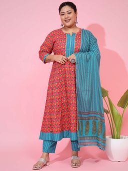 Vbuyz - Women Cotton Peach Printed Kurta with Pant and Dupatta