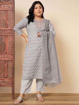 Vbuyz - Women Cotton Grey Floral Kurta with Pant and Dupatta