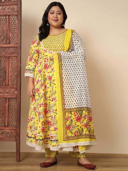 Vbuyz - Women Cotton Yellow Floral Anarkali Kurta with Pant and Dupatta