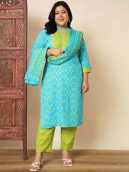 Vbuyz - Women Cotton Blue Printed Kurta with Pant and Dupatta