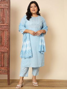 Vbuyz - Women Cotton Blue Printed Kurta with Pant and Dupatta