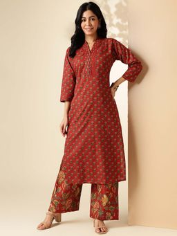 Vbuyz - Women Cotton Maroon Floral Kurta with Pant