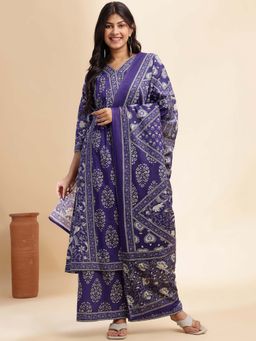 Vbuyz - Women Cotton Purple Floral Kurta with Palazzo and Dupatta