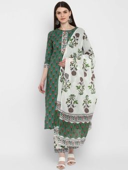 Vbuyz - Women Cotton Green Floral Kurta with Pant and Dupatta