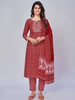 Vbuyz - Women Cotton Red Printed Kurta with Pant and Dupatta