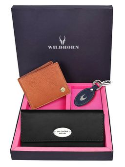 WILDHORN - Premium Leather Ladies Wallet, Mens Wallet and Keychain Gift -1K_BK_2052TA_K (Set of 3)