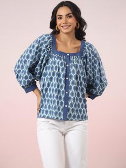Gahan - Floral Indigo Cotton Printed Top