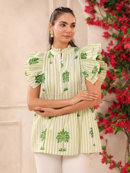 Gahan - Green Palm Printed Pintucks Cotton Top