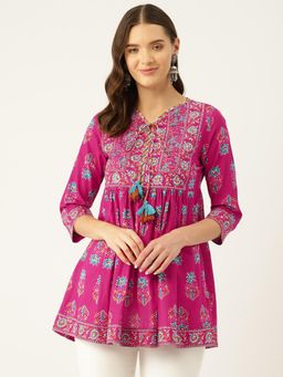 Gahan - Pink Floral Printed Pure Cotton Sequinned Top