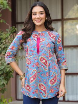 Gahan - Blue Floral Printed Sequinned Pure Cotton Top