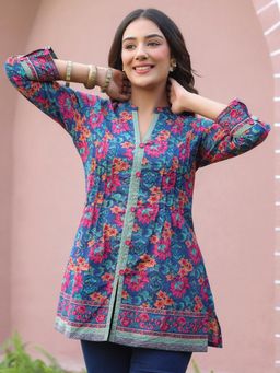 Gahan - Blue Floral Print Mandarin Collar Pintucks Top