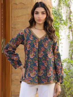 Gahan - Blue Floral Printed V Neck Pintuck Cotton Top
