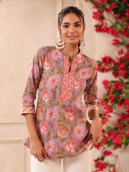 Gahan - Purple Floral Ethnic Printed Cotton Top