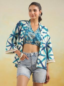 Gahan - Cream Printed Blouse and Kimono Top Set